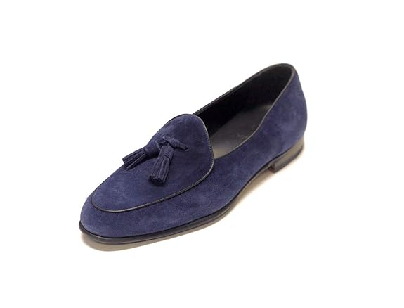 Wolven Handmade Men's Navy Blue Real Suede Leather Slip-on Tassel Loafers with Black Sheet Sole