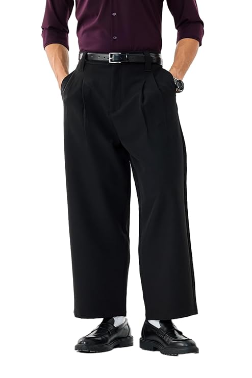 SNITCH Men Casual Trousers | Baggy Fit Wide-Leg Design with Pleated Front & Button Closure | Durable Polyester Blend & Medium-Stretch Fabric for Summer Wear
