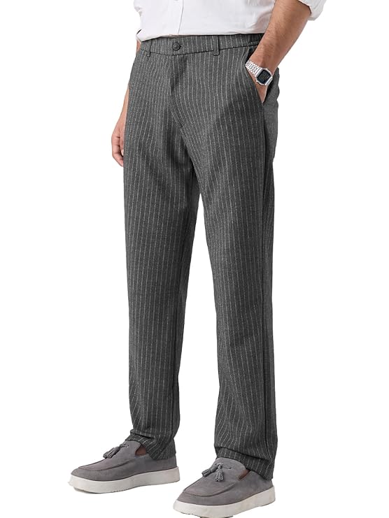 The Souled Store Super Pants: Stripes Men and Boys Polyester Viscose Elastane Blend Regular Fit Wrinkle Resistant Stretchable Trousers Super Flex Pants