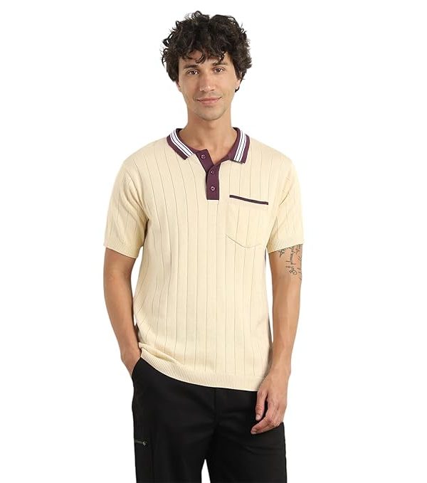 NOBERO 100% Cotton Contrast Collar Textured Relaxed Fit Polo T-Shirt | Half-Sleeve Polo for Men | Casual & Semi-Formal Wear